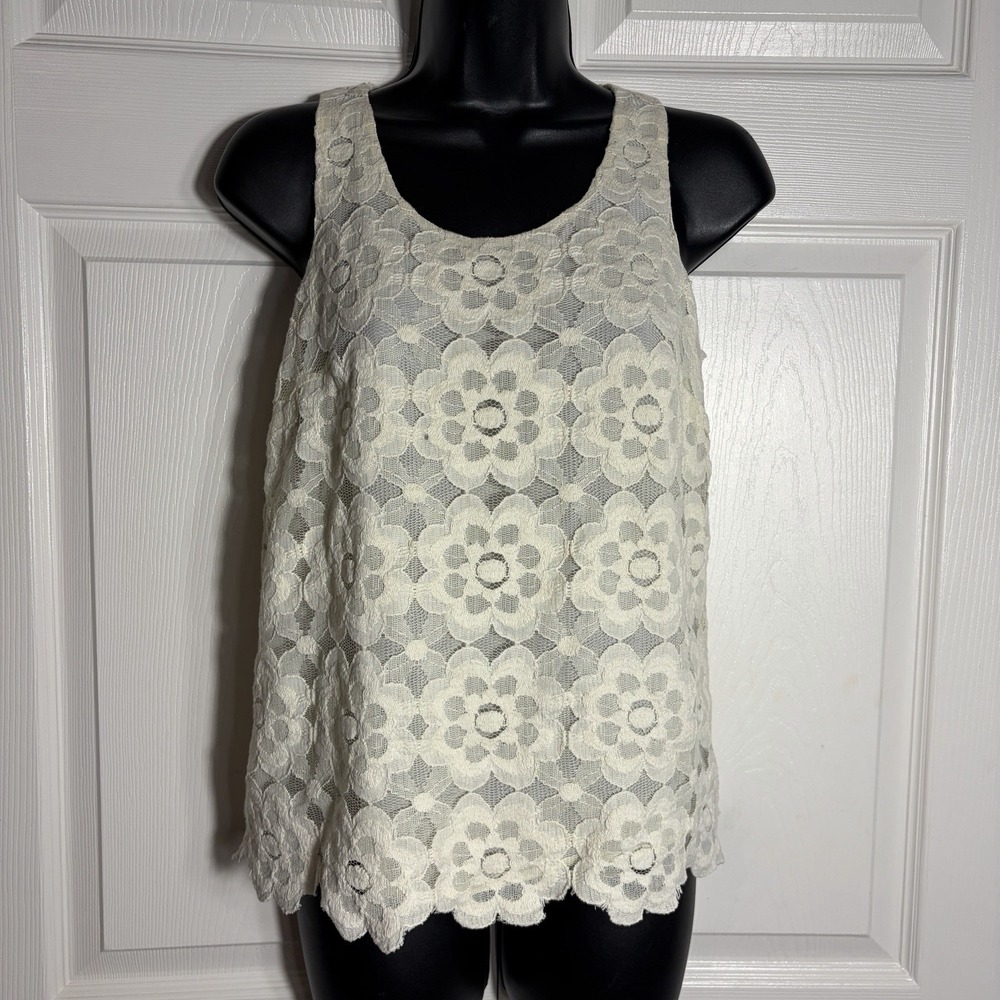 Loft Petite Floral Crochet Lace Tank Top Women XSP Cream Scallop Hem Lined Boho